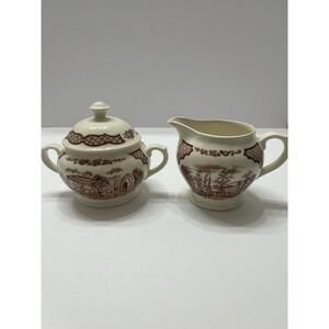 Vtg Alfred Meakin Fair Winds Brown Transferware Covered Sugar Bowl/Cream Pitcher